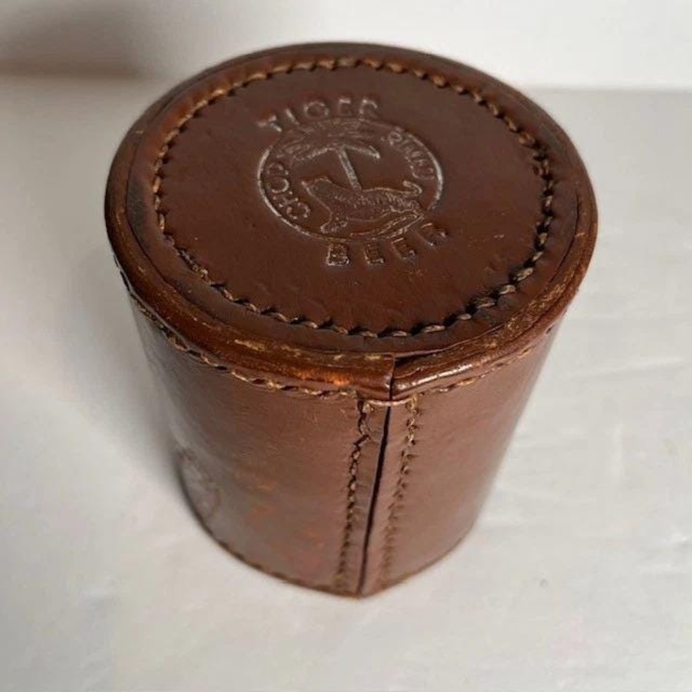 Tiger Beer Dice Cup Brown Chop Rimau Leather Vintage Barware Slogan